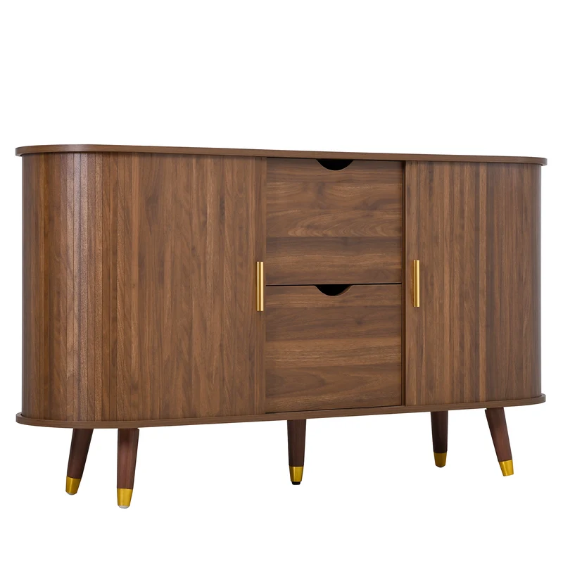 Buffet rétro vintage effet noyer 2 portes coulissantes, 2 tiroirs, pieds bois et points dorés design arrondi CASCADENYX