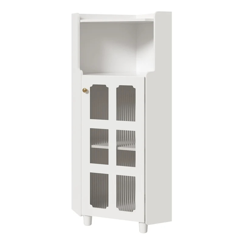 Meuble d’angle blanc laqué niche haute et verre cannelé avec éclairage LED 63,5x124cm VIGOURAS
