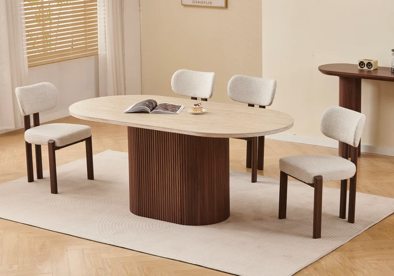 Ensemble table travertin noyer et 4 chaises - Akira
