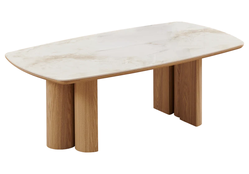 Table basse ovale marbre beige et bois - Doria