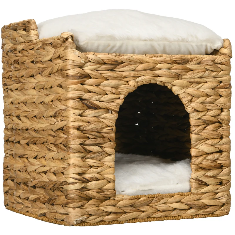 Niche pour chat en rotin 2 niveaux coussin doux marron, jusqu'à 5kg, 37,5x37,5x41,5cm CEDARSAND