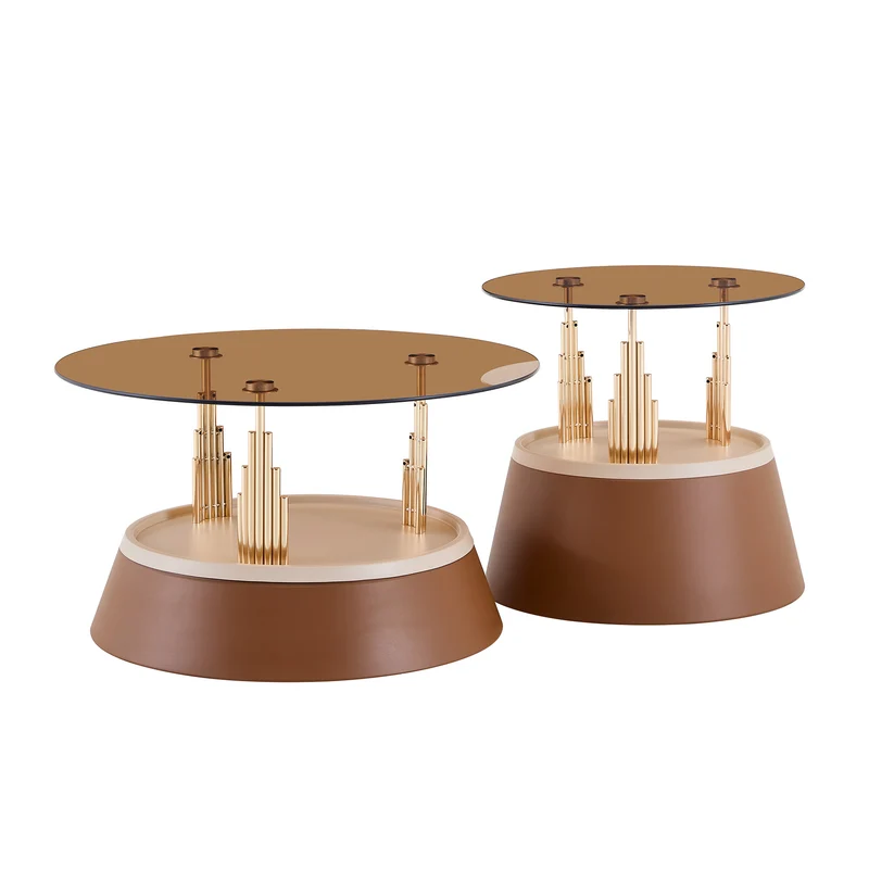 Ensemble de 2 tables basses gigognes en verre trempé teinté marron et métal doré PINECREDENZA