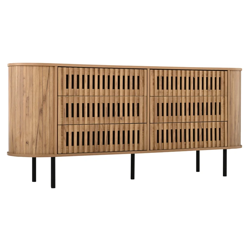 Buffet 160 cm effet bois, 6 tiroirs design à lattes, style cannage naturel PANELRESIN