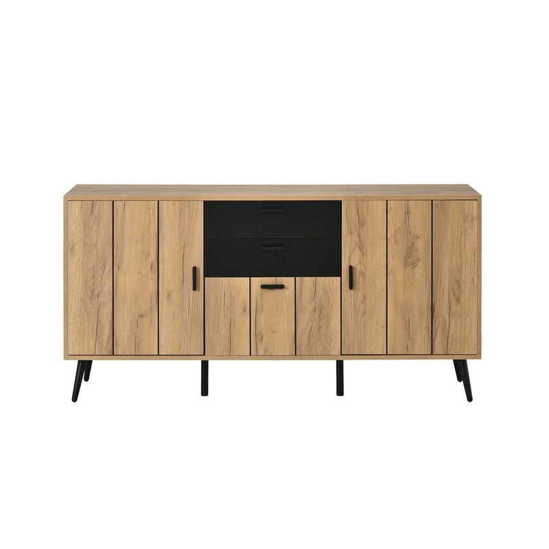 Buffet moderne effet bois et noir 2 tiroirs 3 portes 140x35x67cm MODERNLAMPHOME