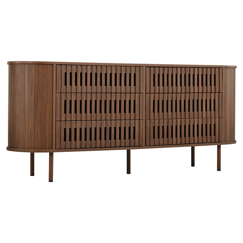 Buffet effet noyer, 6 tiroirs, design à lattes 160×40×70cm PANELSTYLE