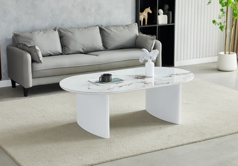 Table basse ovale marbre beige cannelée - Kara