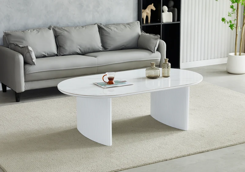 Table basse ovale marbre blanc cannelée - Kara