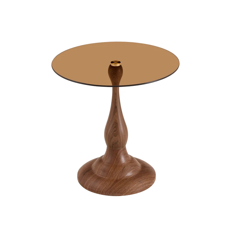 Table d’appoint ronde en verre teinté style moderne, pieds effet bois noyer PINEPLUS