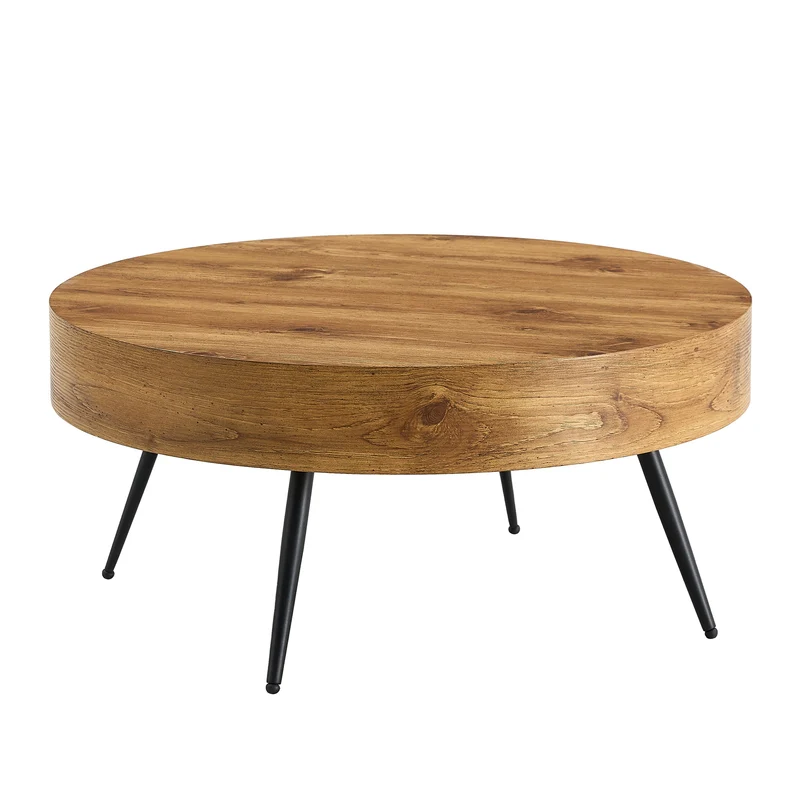 Table basse ronde effet bois, style industriel, pieds métal noir Ø70 cm PINEDIVIDER