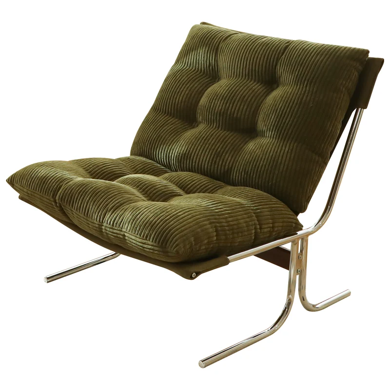 Fauteuil accent capitonné vert en velours côtelé, pieds métal PANELPLUS