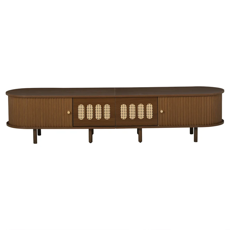 Meuble TV rétro ovale effet noyer foncé 2 portes coulissantes 2 tiroirs avec rotin 180x40x40 cm CASCADERYN