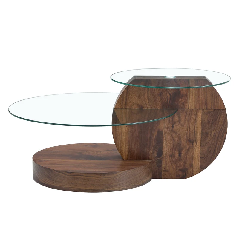 Table basse minimaliste effet noyer 2 verres trempés 90x70x44cm QUANTALAL