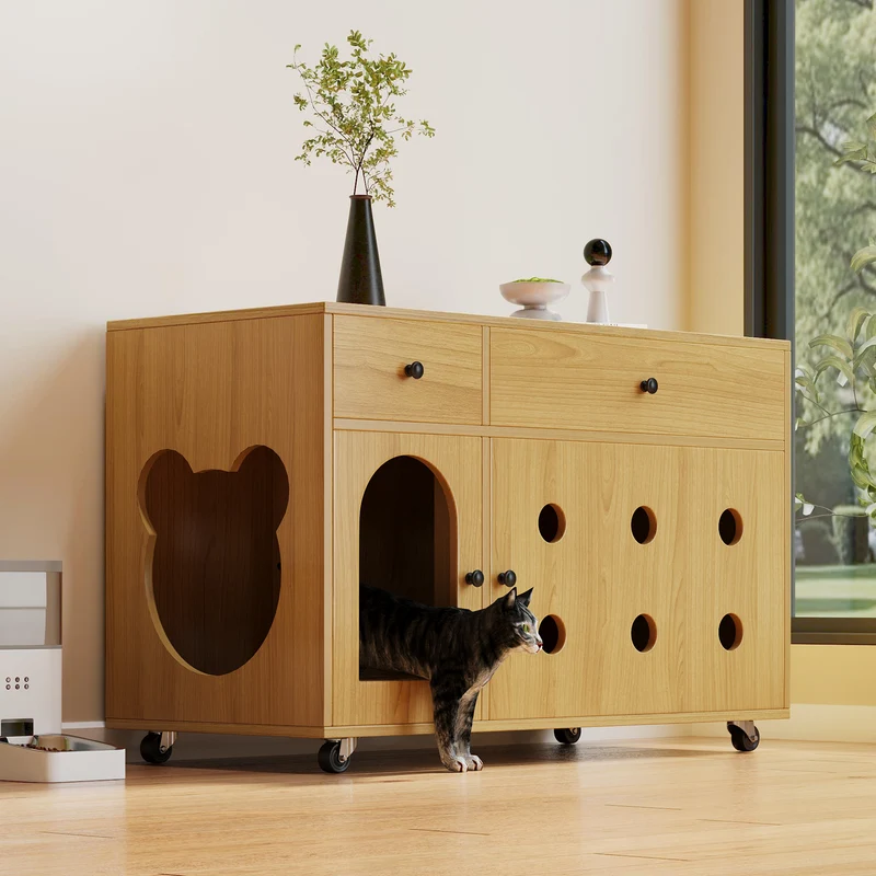 Meuble cache-litière polyvalent pour chat couleur bois naturel 100×45×66 cm STROBIL