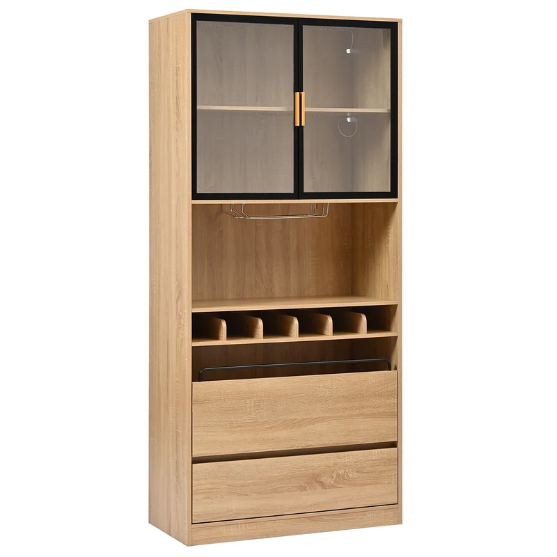 Vaisselier vitrine effet bois 2 tiroirs avec éclairage LED 180cm ELMWILLOW