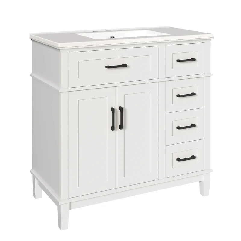 Meuble vasque céramique blanc & MDF pieds bois massif, poignées noires, vasque intégrée 90x46x87cm LUXURY SIDEBOARD