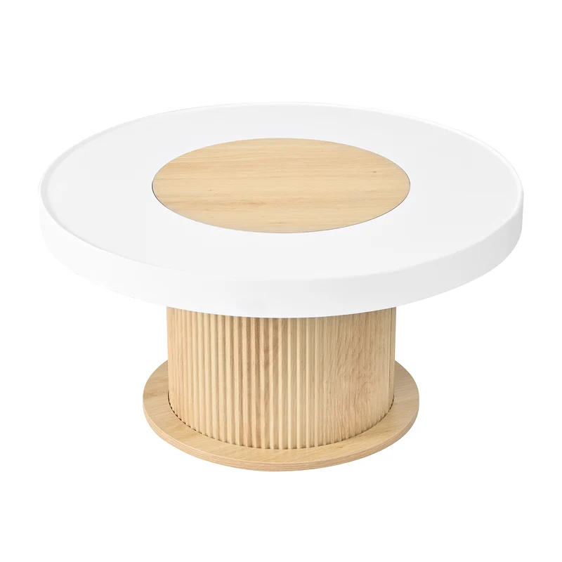 Table basse ronde bicolore blanc effet bois, pied cylindrique à rainures verticales 75x75x39cm MODERNFRAMEART