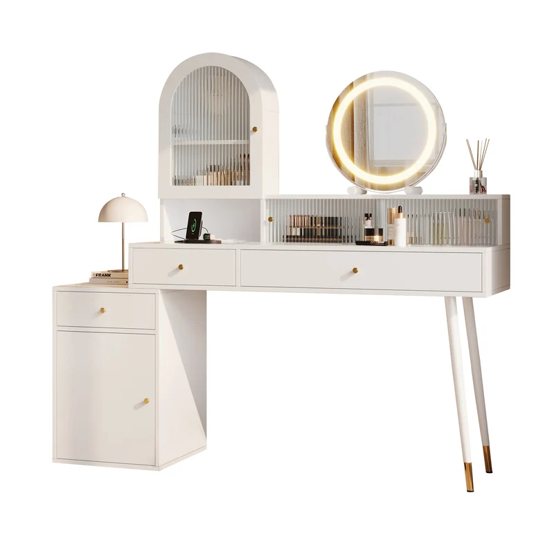 Coiffeuse blanche extensible en L avec miroir LED ajustable, prises USB et Type-C, rangement optimisé 140x40x140cm MODERNNIGHTSTANDHOME