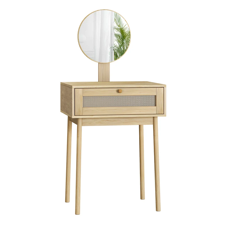 Coiffeuse compacte effet chêne en rotin 60x50cm avec miroir, style bohème (sans tabouret) LAMP FLOW