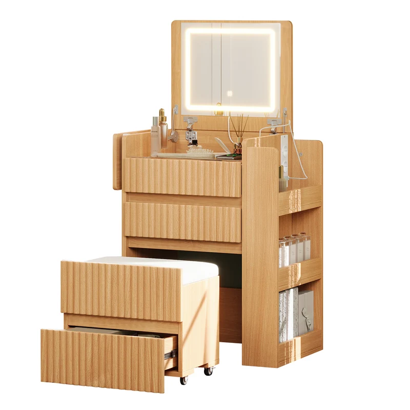 Coiffeuse compacte avec miroir LED rabattable, station de charge intégrée, 3 tiroirs et tabouret à roulettes MODERNLINENONE