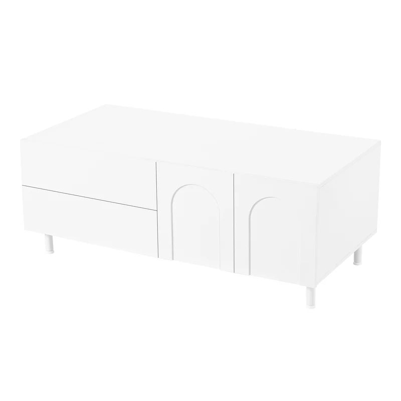 Table basse blanche rectangulaire motif arc 2 tiroirs et 2 portes 100x50cm MODERNDESKSET