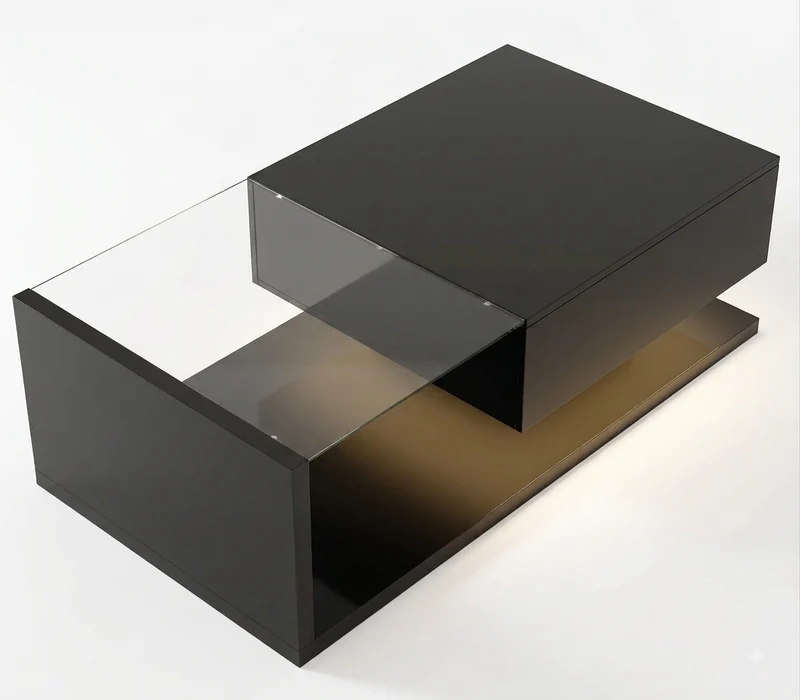 Table basse noire brillante en verre et LED, rangement intégré 105x55 cm MODERNSCREENHOME