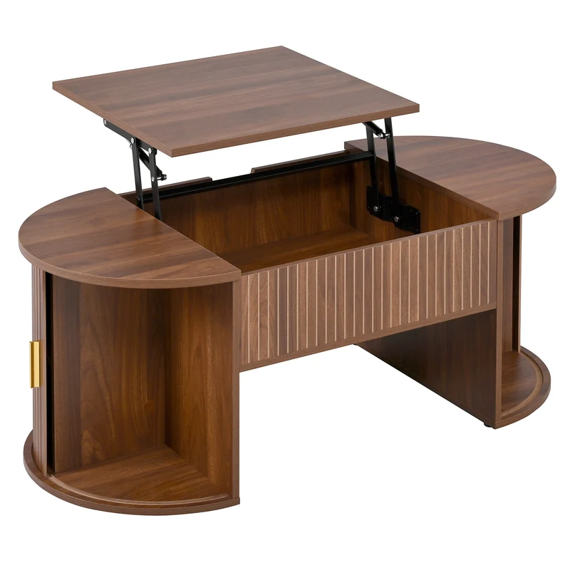 Table basse relevable ovale effet noyer portes coulissantes et étagères 100x50x40,5cm MODERNROOMHOME