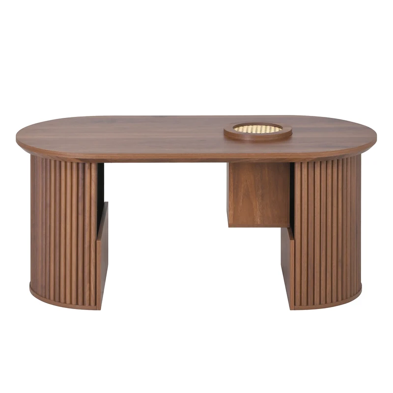 Table basse ovale effet noyer avec rangement tressé 105x50x46,5cm MODERNRACKSET
