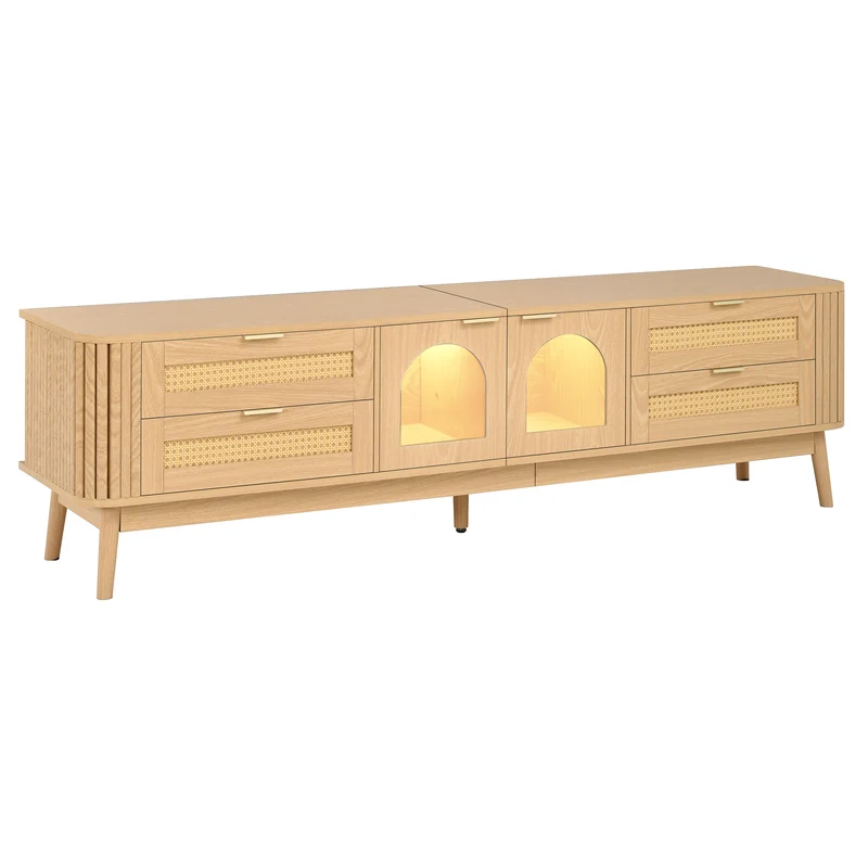 Meuble TV effet bois avec LED, 4 tiroirs en rotin et portes en verre courbé, pieds en bois massif MODERNCHROMELINE