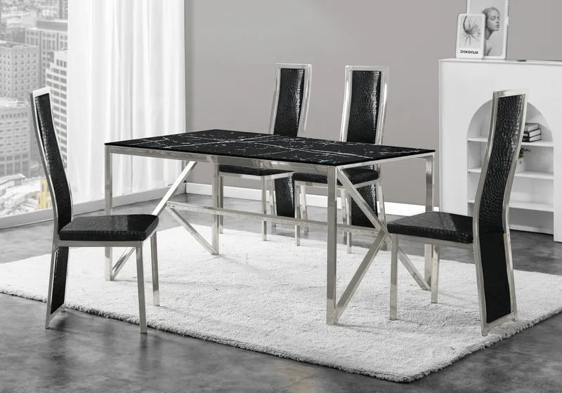 Table marbre noir et 6 chaises croco argent – Jessy