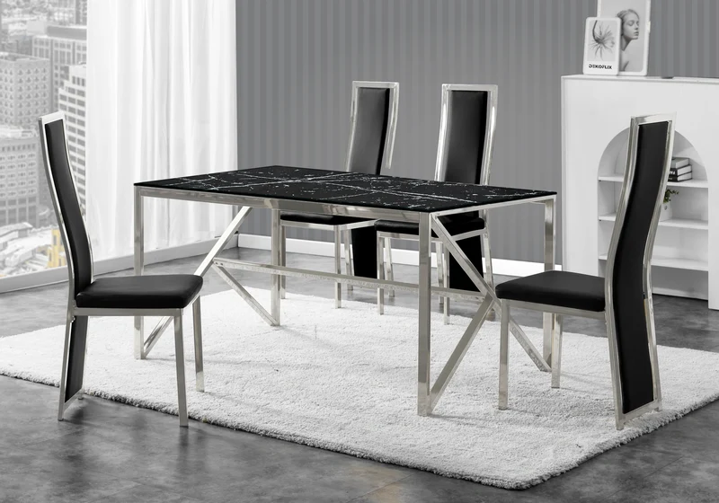 Table marbre noir et 6 chaises simili-cuir argent – Jessy