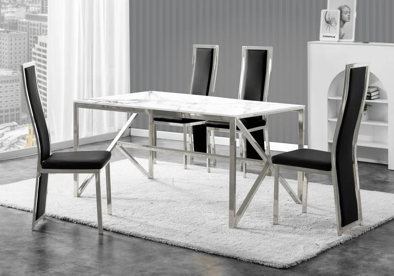 Table marbre blanc et 6 chaises simili-cuir argent – Jessy