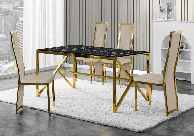 Table marbre noir et 6 chaises velours doré – Jessy