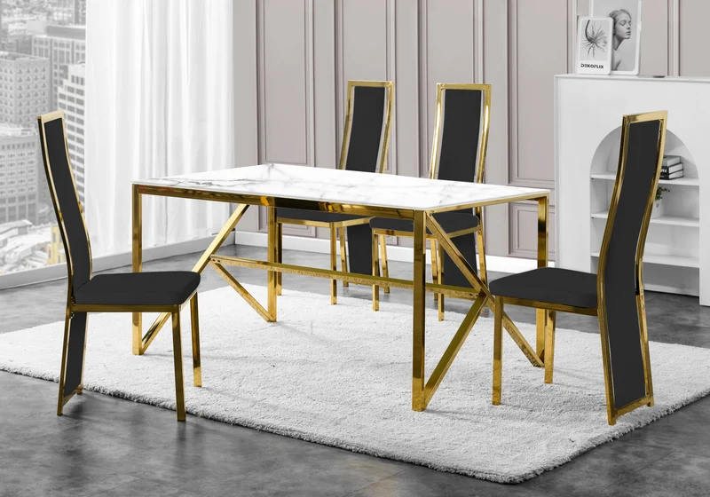 Table marbre blanc et 6 chaises velours doré – Jessy