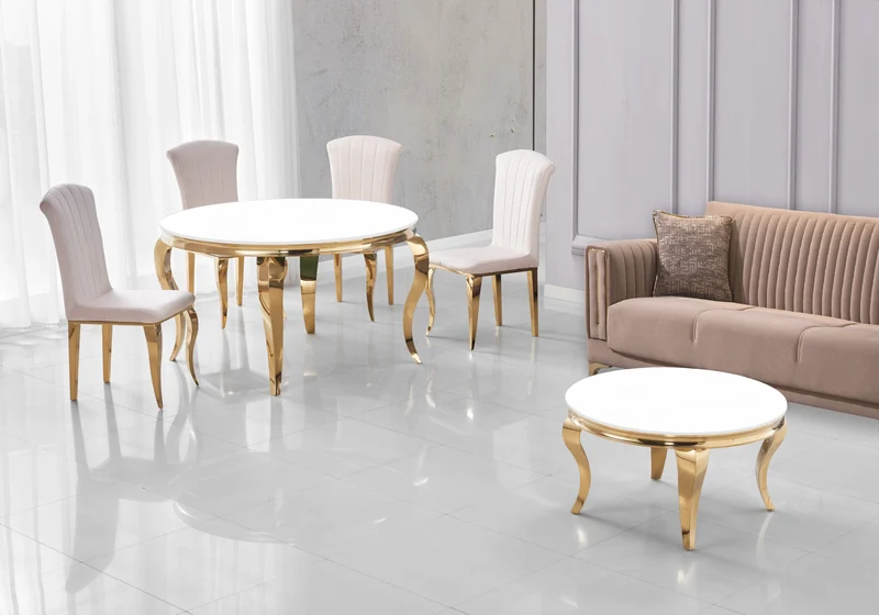 Ensemble salle à manger ronde verre blanc et or – Neo
