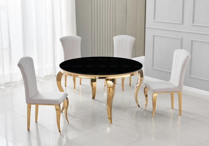 Table ronde verre noir et 4 chaises velours or – Neo