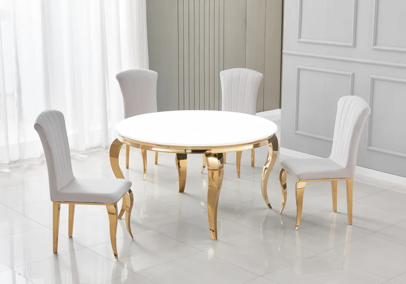 Table ronde verre blanc et 4 chaises velours or – Neo