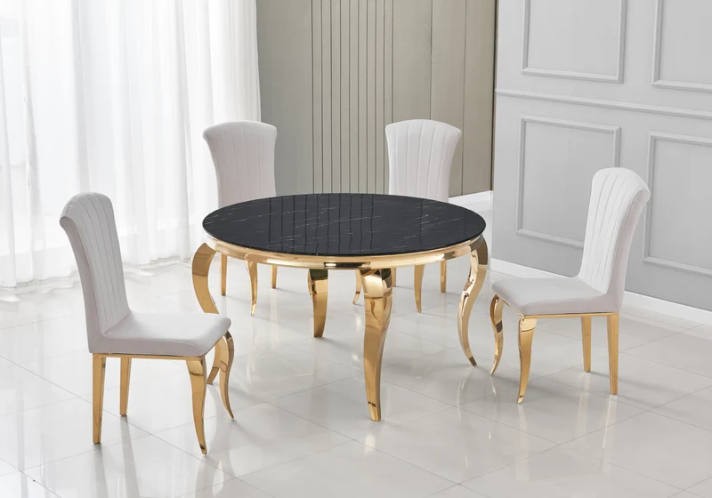 Table ronde marbre noir et 4 chaises velours or – Neo