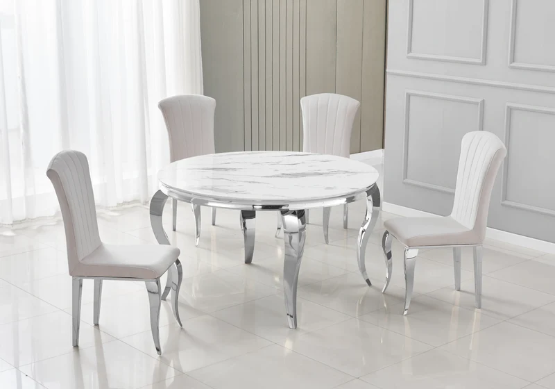 Table ronde marbre blanc et 4 chaises argent – Neo
