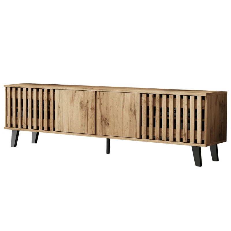 Meuble TV effet bois naturel design latté 4 portes 8 compartiments 180x40x55cm RIFTSYLTHYNOR