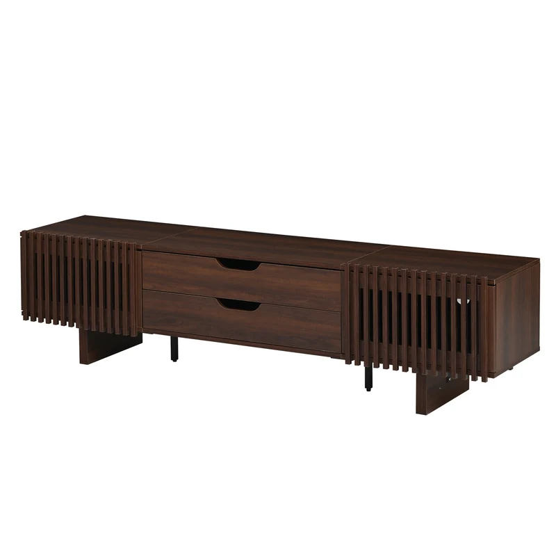 Meuble TV effet noyer foncé 2 portes à lattes 2 tiroirs 180x40x45cm RIFTMYRATHYNOR