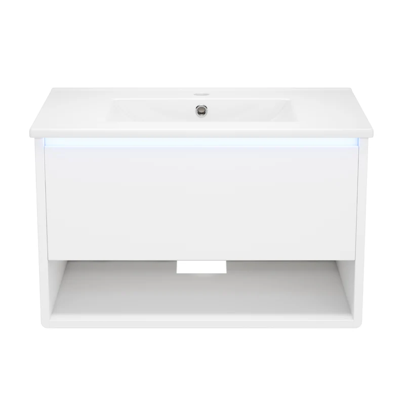 Meuble vasque céramique mural blanc MDF tiroir et LED capteur 76,5x46x45cm LUXURY RUG ART