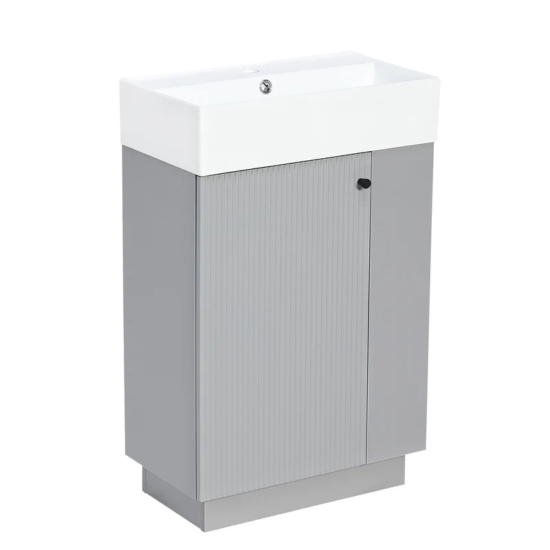 Meuble vasque céramique gris compact effet bois naturel rainures et porte-papier toilette amovible, 55 cm LUXURY OAK LINE