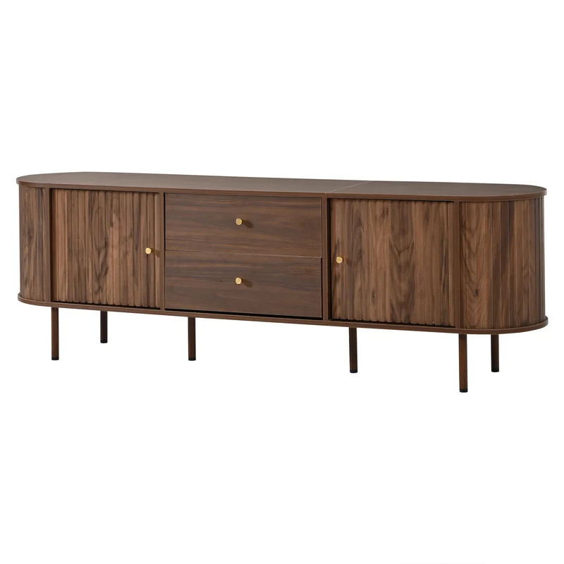 Meuble TV ovale effet noyer, avec portes coulissantes et 2 tiroirs 180x40x58cm MODERNCORNERSET
