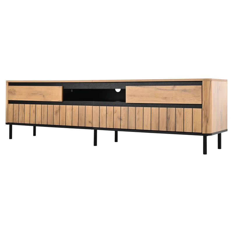 Meuble TV effet chêne naturel 2 tiroirs 2 portes abattantes et 6 pieds en métal 180x40x52cm MODERNDESKHOME