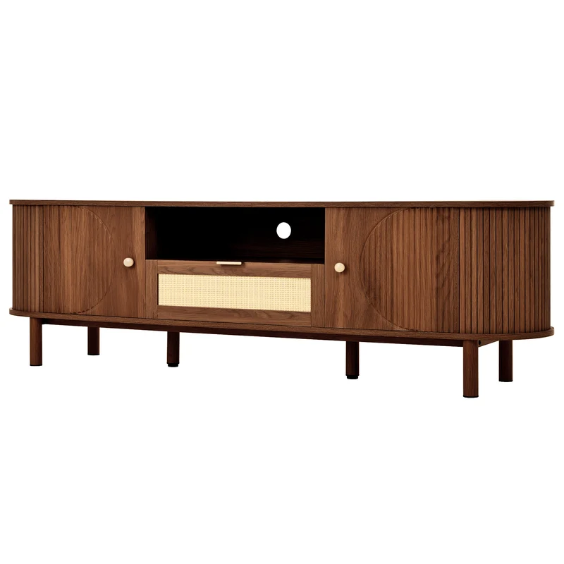 Meuble TV style vintage effet noyer 2 portes 1 tiroir en rotin, 175x36x51cm ETHEREALIRE