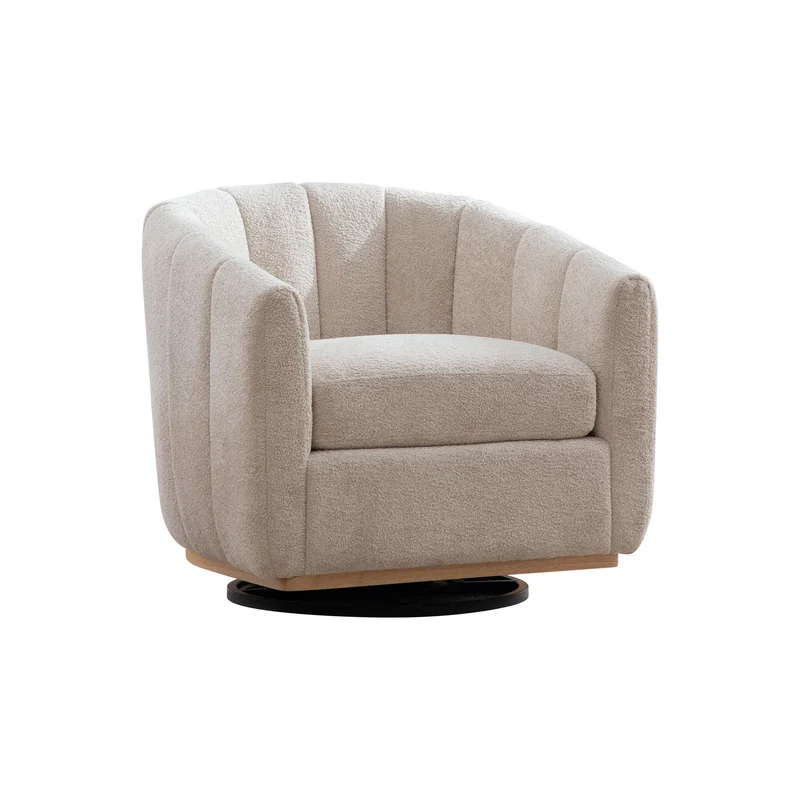 Fauteuil pivotant 360° en chenille beige, design citrouille, pied métal MODERNPANELHOME