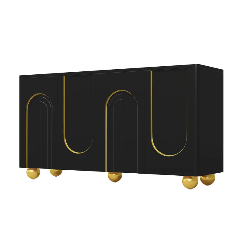 Buffet noir 4 portes motif texturé accents dorés 140x40x74cm MINIMALISTCHESTSET