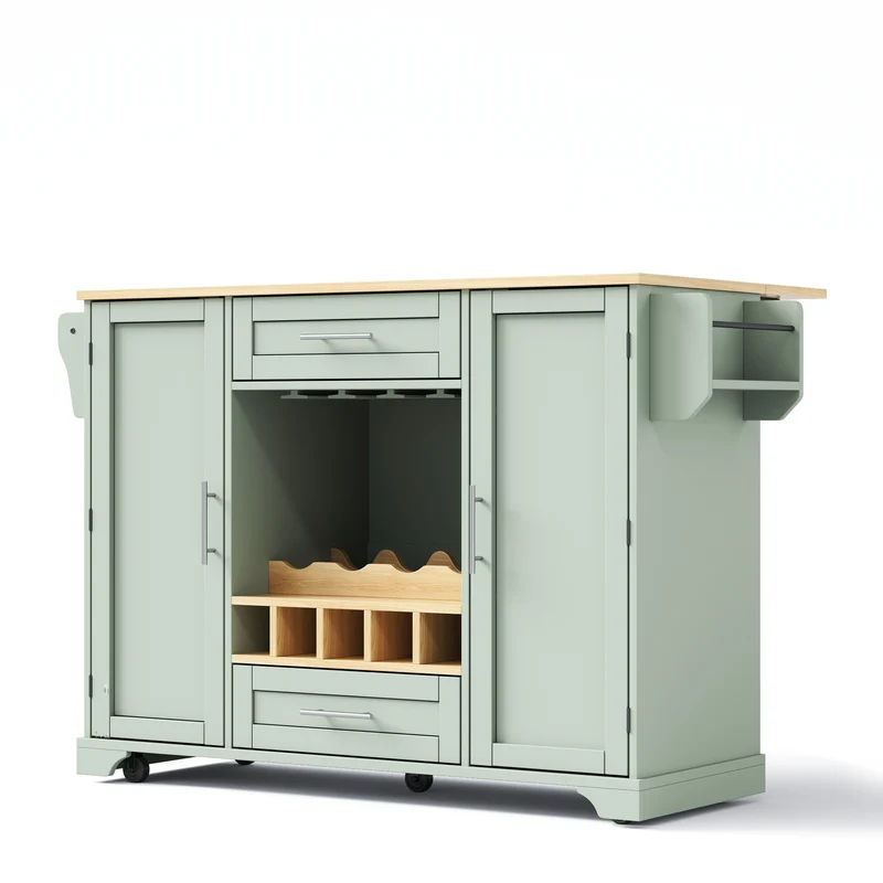 Chariot îlot de cuisine vert pastel extensible, range-bouteilles, porte-verres, 2 placards et 2 tiroirs MINIMALISTDRESSER