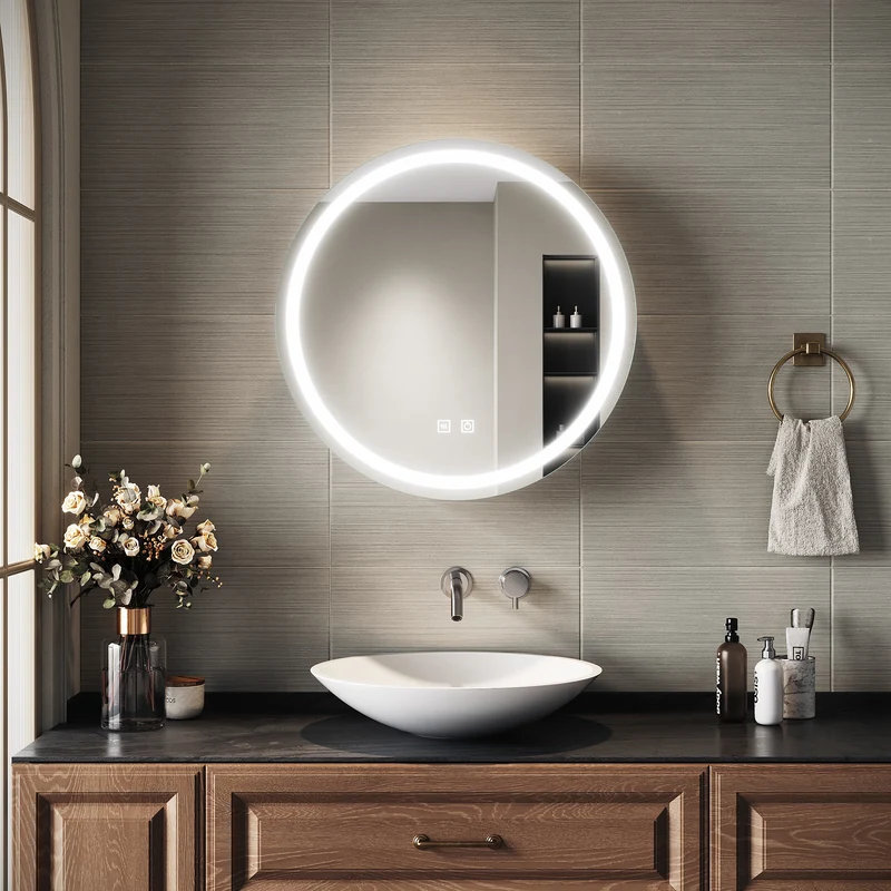 SIRHONA Armoire de Toilette Miroir, Armoire Murale avec Éclairage LED et Prises de Courant, Trois Températures de Couleur Réglables, Gris, 60 x 60 x 14cm