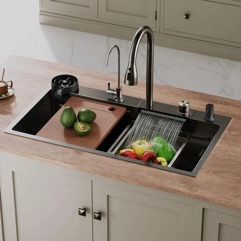 SIRHONA Évier de Cuisine Multifonctionnel Cascade Noir Avec Robinet de Poisson Volant Rétractable 80x45cm